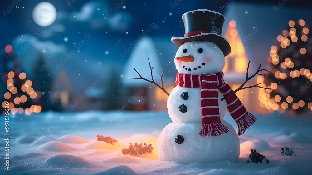Obraz premium Snowman In Winter Wonderland with Snowfall Lights and Moon