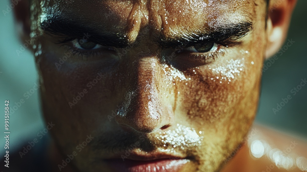 Intense close-up of a sweaty male face, conveying determination and strength Intense close-up of a sweaty male face, conveying determination and strength
