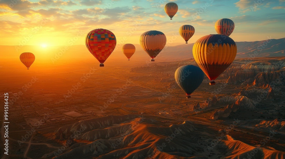 Naklejka premium Colorful hot air balloons flying in the golden sunrise over scenic valleys.