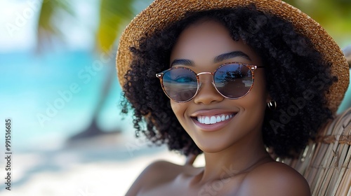 Portrait of happy young black woman relaxing on wooden deck chair at tropical beach while looking at camera wearing spectacles Smiling african american girl with fashion sunglasses enj : Generative AI photo