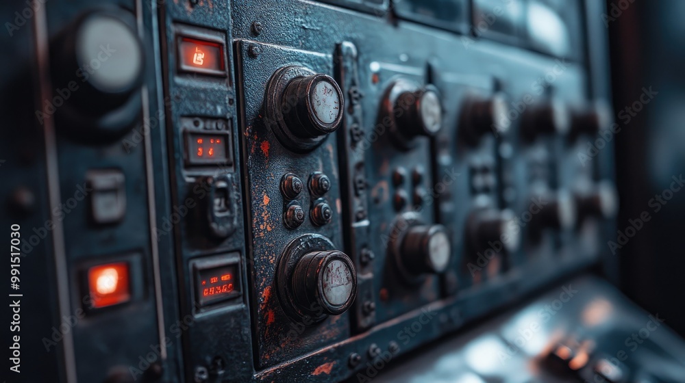 Fototapeta premium Close-up of a switchboard with various controls, leaving space for text on the right side.