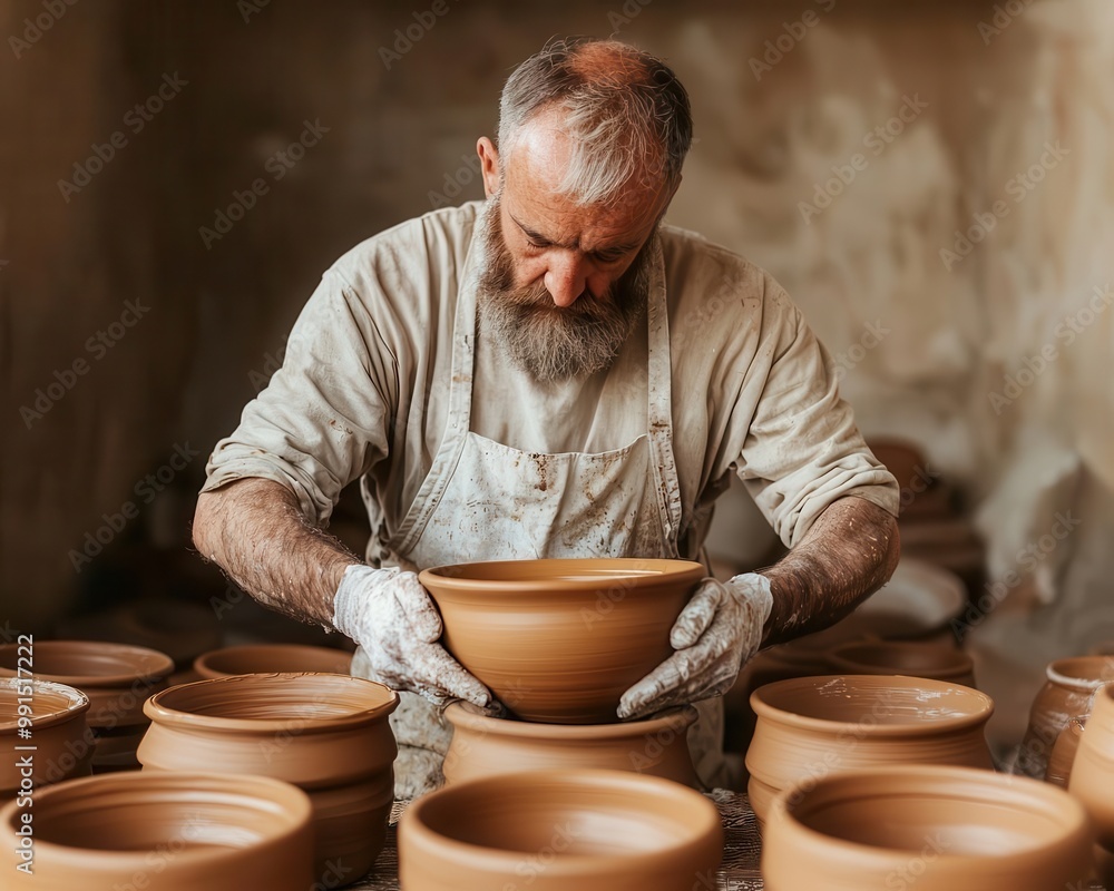Artisanal craftsman working on traditional pottery in a rustic workshop, Local Artisan, Craftsmanship Artisanal craftsman working on traditional pottery in a rustic workshop, Local Artisan, Craftsmanship