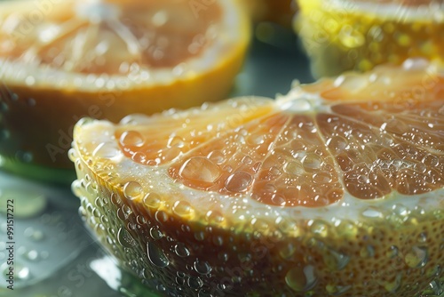Citrus Burst: Close-up of juicy grapefruit slices glistening with water droplets, capturing the refreshing essence of summer.