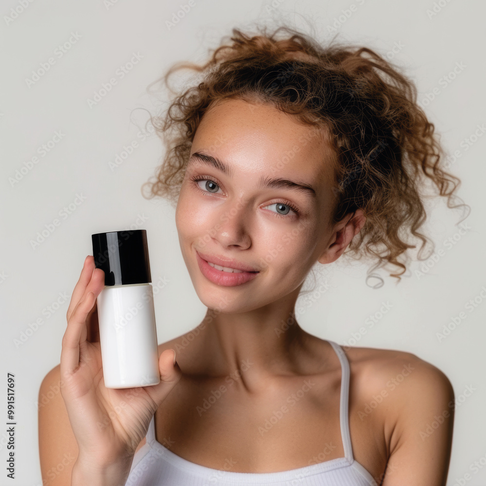 Beautiful young woman with clean fresh skin using facial mist or holding a spray bottle Beautiful young woman with clean fresh skin using facial mist or holding a spray bottle