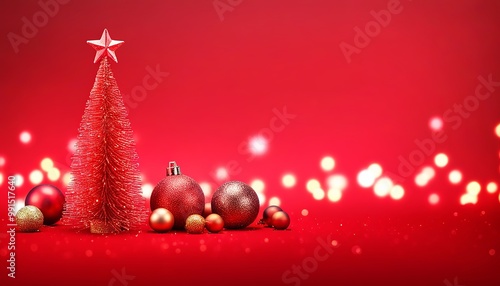 Red Christmas Tree with White Star and Baubles Glowing Softly in a Festive Bokeh Background, Accented with Glittering Red in a Warm, Wintry Scene. Made with Generative AI Technology