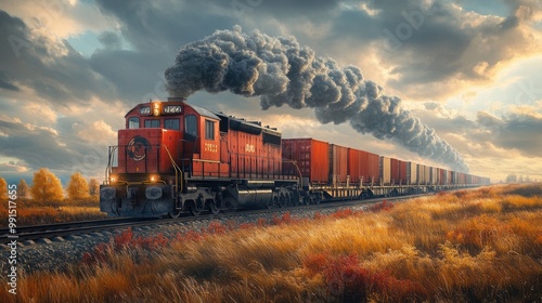 Freight train traveling through a scenic landscape with dramatic clouds. photo