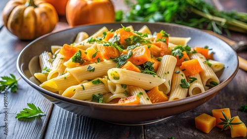 A close up stock photo showcasing a delectable dish of creamy roasted butternut pumpkin and penne pasta garnished with fresh herbs, flavorful, roasted pumpkin, garnished, creamy penne