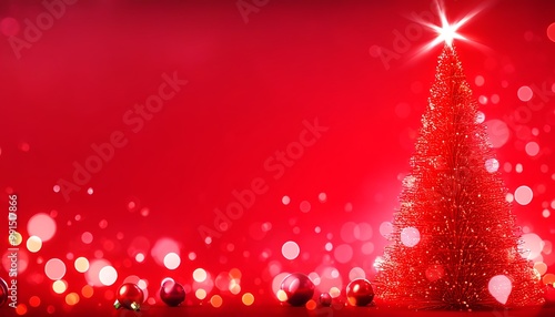 Red Christmas Tree with White Star and Baubles Glowing Softly in a Festive Bokeh Background, Accented with Glittering Red in a Warm, Wintry Scene. Made with Generative AI Technology