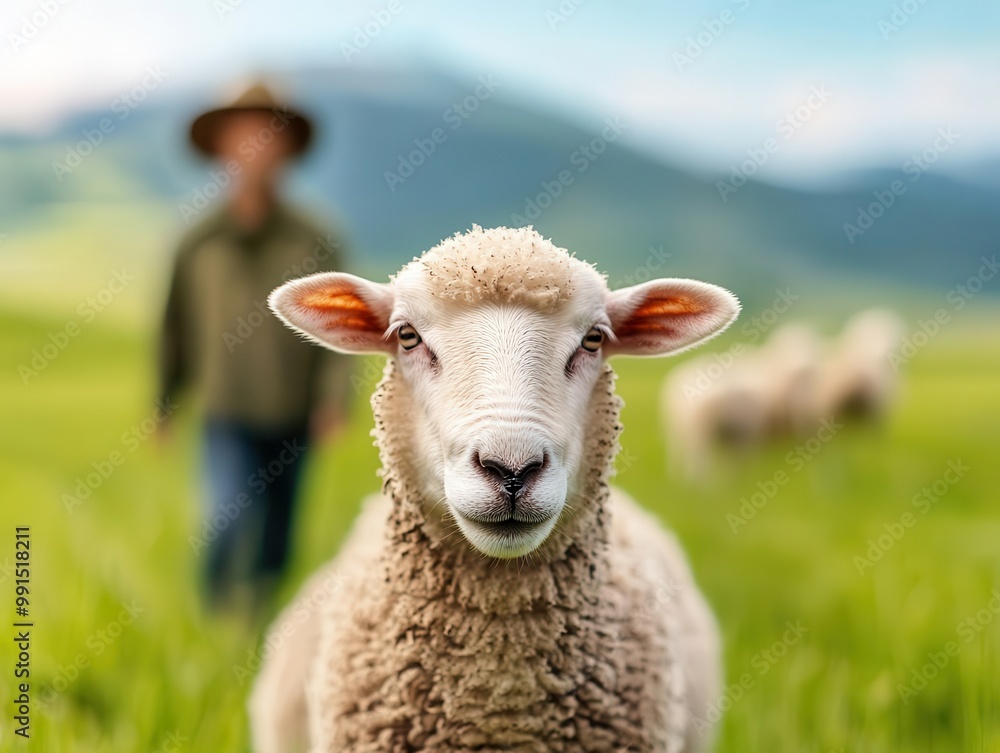 Fototapeta premium Local shepherd herding sheep through a picturesque meadow, Shepherd, Pastoral scene