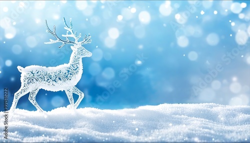 Reindeer made of snow on a snowy background and a glow from soft holiday lights. Made with Generative AI Technology