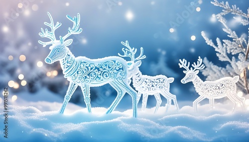 Reindeer made of snow on a snowy background and a glow from soft holiday lights. Made with Generative AI Technology