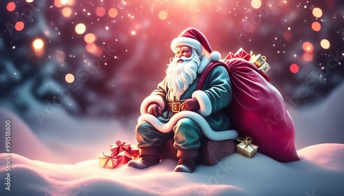 Santa Claus Figurine with a bag of gifts and a softly glowing background. Made with Generative AI Technology