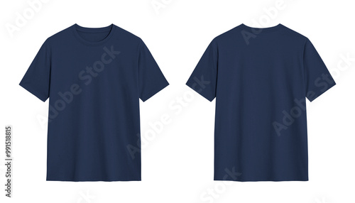Two Plain Navy Blue T shirts on a White Background Mockup, Front and Back View