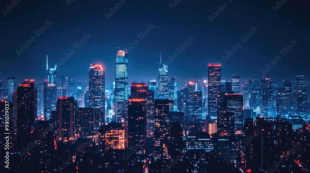 Fototapeta premium A panoramic view of a city skyline at night, with illuminated skyscrapers creating a dazzling display against the dark sky, symbolizing urban vibrancy.