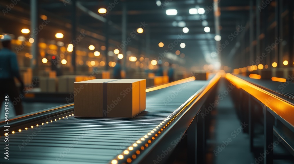 Parcel on conveyor belt in a modern distribution warehouse, illuminated workspace. Parcel on conveyor belt in a modern distribution warehouse, illuminated workspace.