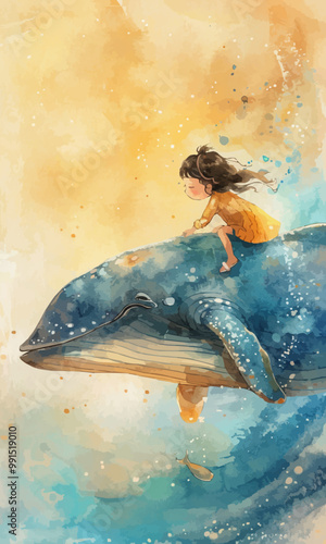 a china cute little girl riding on a blue whale in watercolor