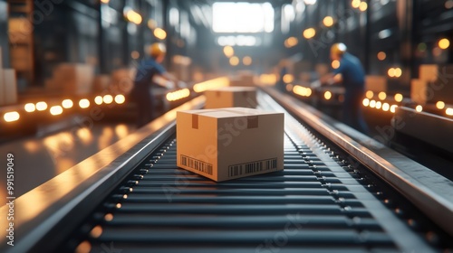 Cardboard box on conveyor belt in warehouse with workers in background.