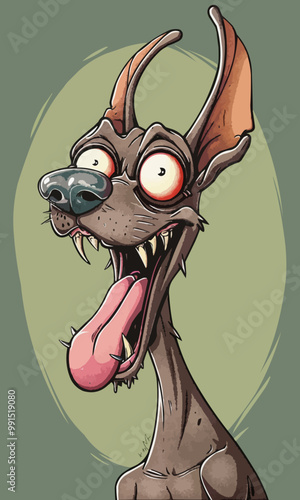 cartoon hairless dog head with bulging eyes extending beyond the eye sockets and elongated eye stalks, and with tongue sticking out of mouth showing a big grin