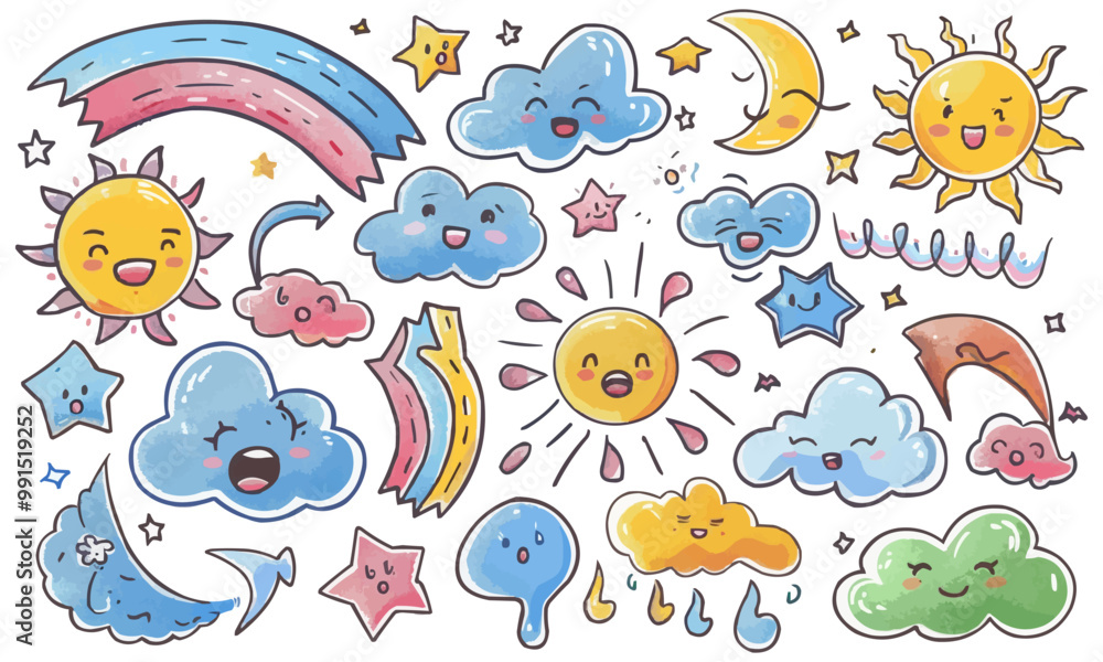 A cartoon set of clouds, suns, and moons, each with a smile or angry face. Hand drawn doodle sketches. Rainbow, wind, and tornado doodle characters A cartoon set of clouds, suns, and moons, each with a smile or angry face. Hand drawn doodle sketches. Rainbow, wind, and tornado doodle characters