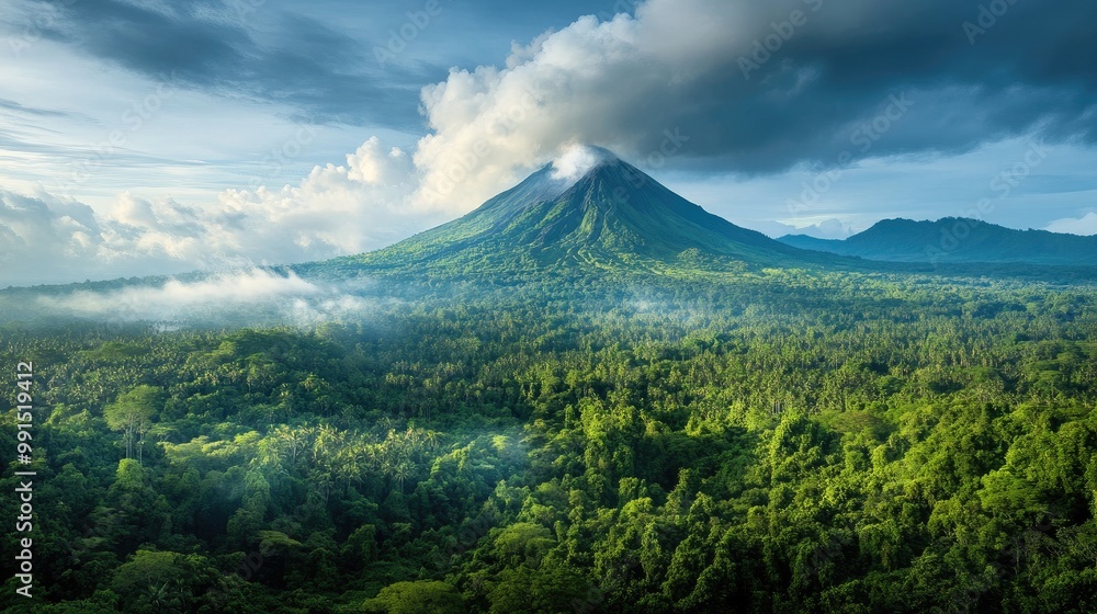 A panoramic view of a volcano in the distance, surrounded by lush green forests, with smoke rising from its crater, highlighting the contrast between beauty and danger. A panoramic view of a volcano in the distance, surrounded by lush green forests, with smoke rising from its crater, highlighting the contrast between beauty and danger.