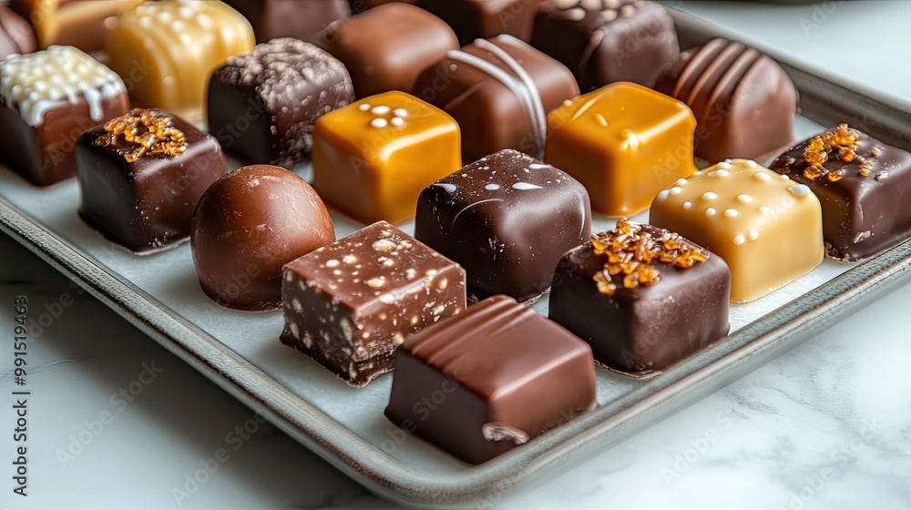 Close-up of a tray with an assortment of candy-coated chocolates and caramel candies, set on a white marble surface. Close-up of a tray with an assortment of candy-coated chocolates and caramel candies, set on a white marble surface.