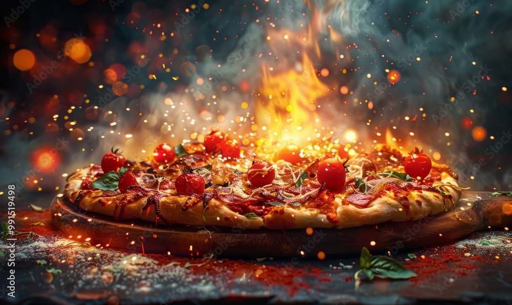Delicious pizza with explosion of lights and colors on the background Delicious pizza with explosion of lights and colors on the background