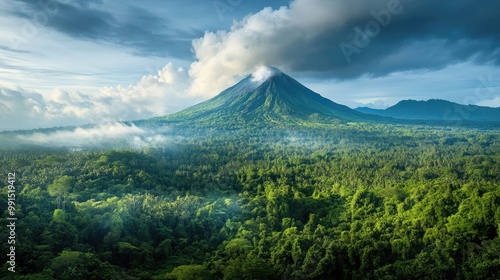 A panoramic view of a volcano in the distance, surrounded by lush green forests, with smoke rising from its crater, highlighting the contrast between beauty and danger.