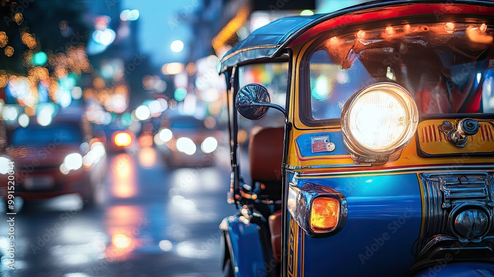 Close-up of a tuk tuk with its vibrant colors and a blurred city backdrop, offering plenty of space on the right for text or branding. Close-up of a tuk tuk with its vibrant colors and a blurred city backdrop, offering plenty of space on the right for text or branding.