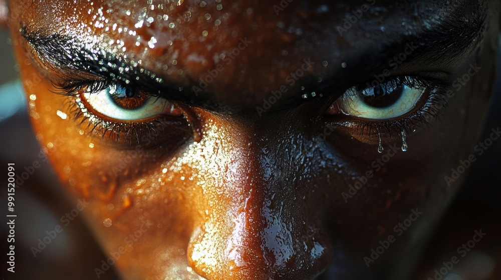 Intense close-up of a focused person with glistening skin and piercing eyes. Intense close-up of a focused person with glistening skin and piercing eyes.