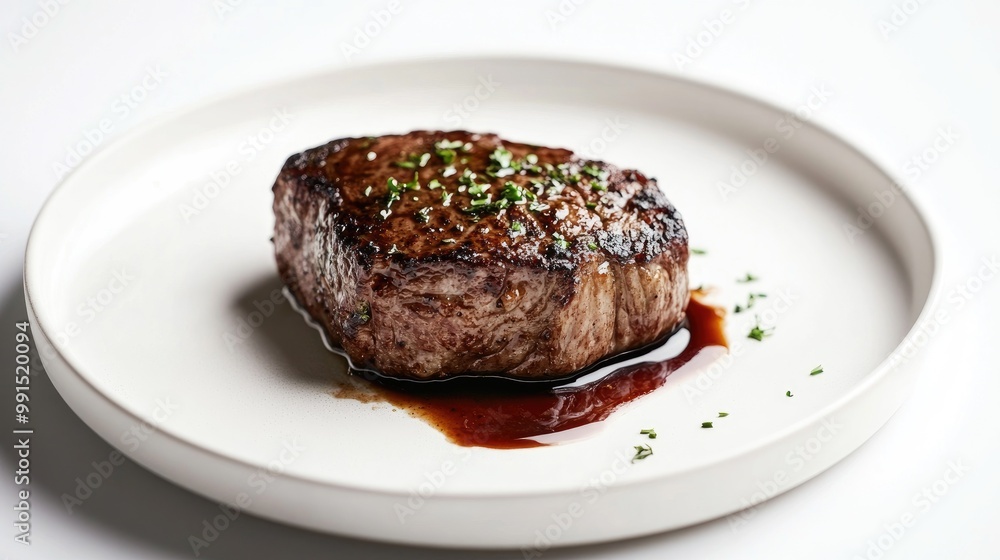 A perfectly cooked steak resting on a white plate, garnished with fresh herbs and a drizzle of sauce, against a clean white background for a minimalist presentation. A perfectly cooked steak resting on a white plate, garnished with fresh herbs and a drizzle of sauce, against a clean white background for a minimalist presentation.