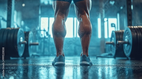 Muscular legs in gym, standing in front of heavy weights, dimly lit atmosphere. photo