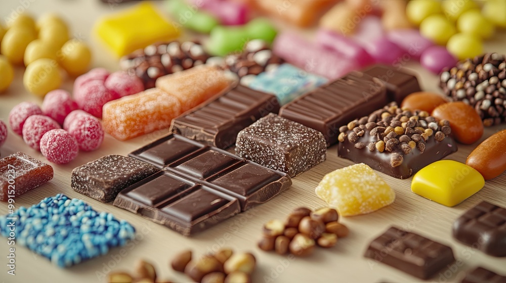 Close-up of a variety of candy pieces, including licorice, chocolate squares, and candy-coated nuts, set on a light wooden surface. Close-up of a variety of candy pieces, including licorice, chocolate squares, and candy-coated nuts, set on a light wooden surface.