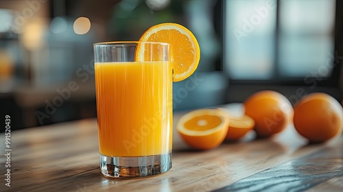 Close-up of a vibrant glass of orange juice with a slice of orange on the rim, placed on a wooden breakfast table with a few oranges.