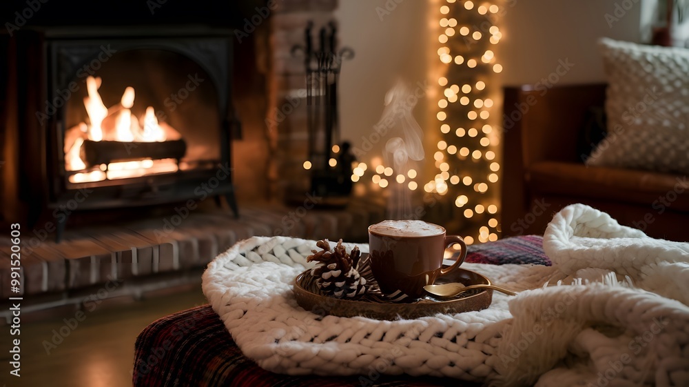 Cozy Living Room with Fireplace, Wool Blankets, and Hot Chocolate Cozy Living Room with Fireplace, Wool Blankets, and Hot Chocolate