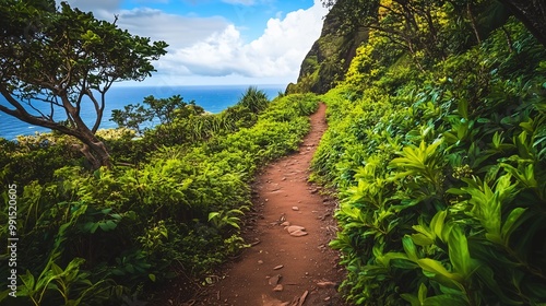 A serene morning in a tropical forest featuring lush greenery, a winding path through trees, and a tranquil river reflecting the sky, surrounded by mountains and vibrant summer colors