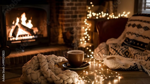 Cozy Living Room with Fireplace, Wool Blankets, and Hot Chocolate