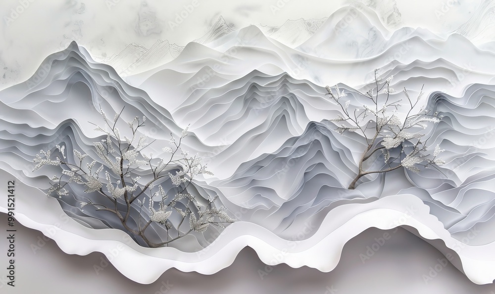 A mountain range with two trees in the foreground A mountain range with two trees in the foreground