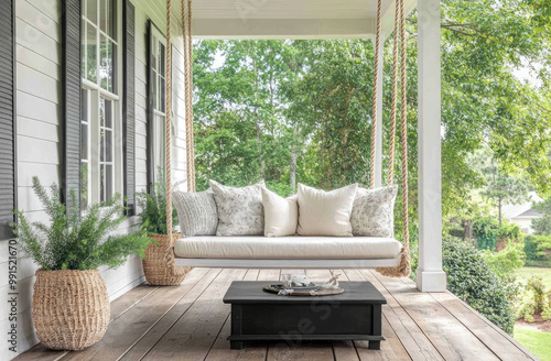 A beautiful farmhouse front porch with a hanging white swing and a black coffee table.