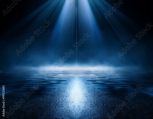 Dark street, wet asphalt, reflections of rays in the water. Abstract dark blue background, smoke, smog. Empty dark scene, neon light, spotlights. Concrete floor
