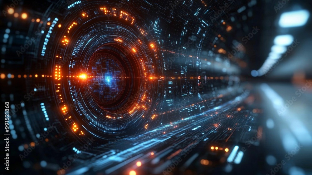 Abstract Futuristic Tunnel with Glowing Orange and Blue Lights Abstract Futuristic Tunnel with Glowing Orange and Blue Lights
