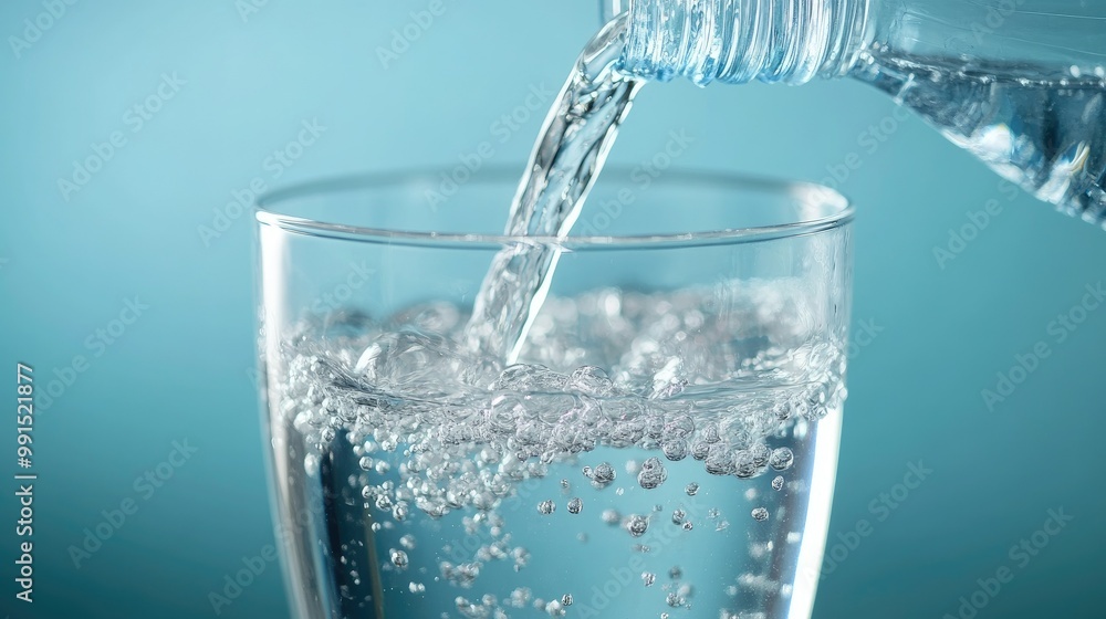 Close-up of a water bottle being poured into a glass, with a large clear area above for text placement. Close-up of a water bottle being poured into a glass, with a large clear area above for text placement.