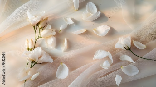 White Flowers and Petals on Beige Fabric with Mesh Overlay