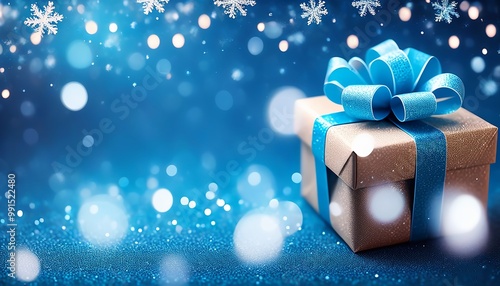 Shiny Blue Ribbon Tied on a Gift Box resting in the snowy Blue background, softly falling snowflakes & softly glowing festive lights, a magical holiday atmosphere. Made with Generative AI Technology