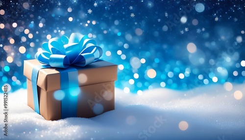 Shiny Blue Ribbon Tied on a Gift Box resting in the snowy Blue background, softly falling snowflakes & softly glowing festive lights, a magical holiday atmosphere. Made with Generative AI Technology