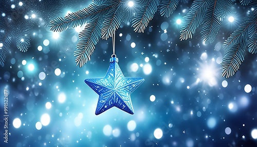 Shiny Blue Star Ornament hanging from a frosted fir branch, glowing softly amidst falling snowflakes, with a glittering background of silver twinkling lights. Made with Generative AI Technology