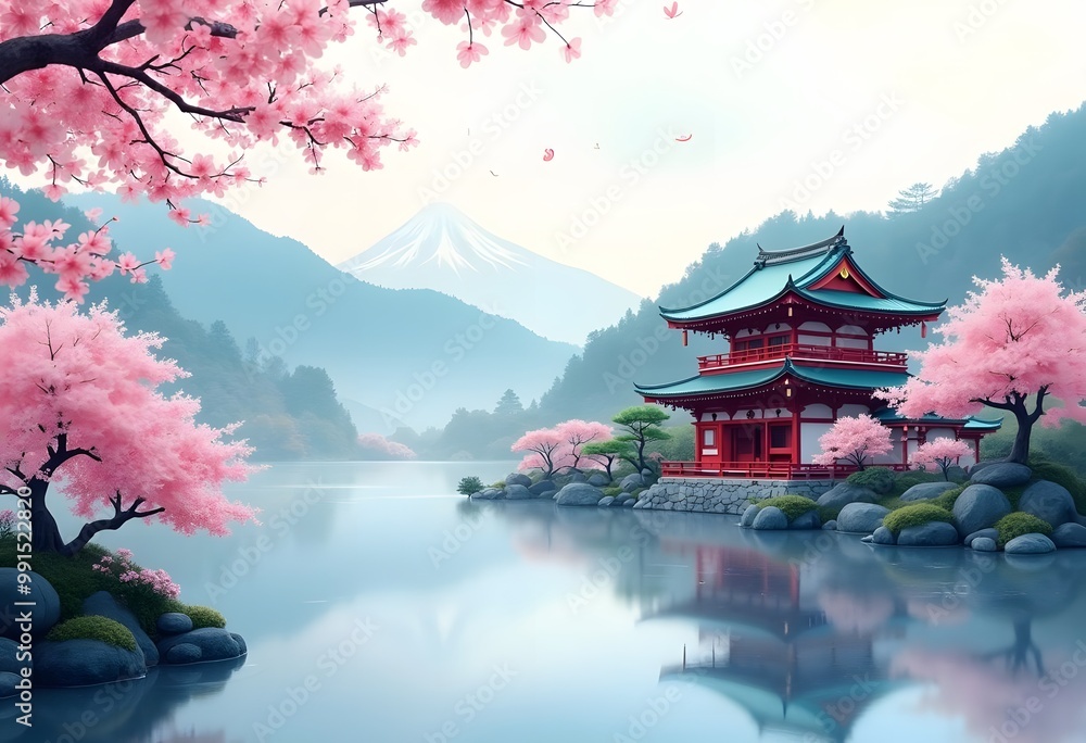 Obraz premium Japan traditional sumi-e painting. Fuji mountain, sakura, sunset. Japan sun. Indian ink illustration. Japanese picture.
