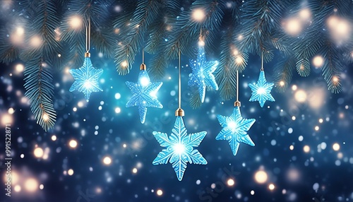 Shiny Blue Star Ornament hanging from a frosted fir branch, glowing softly amidst falling snowflakes, with a glittering background of silver twinkling lights. Made with Generative AI Technology