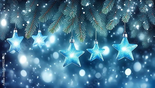 Shiny Blue Star Ornament hanging from a frosted fir branch, glowing softly amidst falling snowflakes, with a glittering background of silver twinkling lights. Made with Generative AI Technology