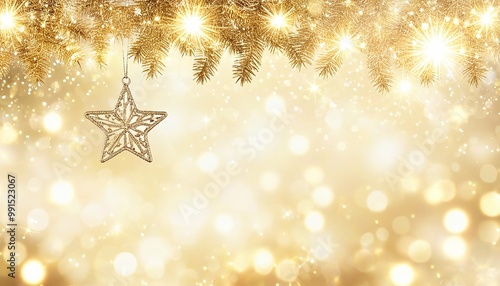 Shiny golden Star Ornament hanging from a golden fir branch, glowing softly amidst falling snowflakes, with a glittering background of golden twinkling lights. Made with Generative AI Technology