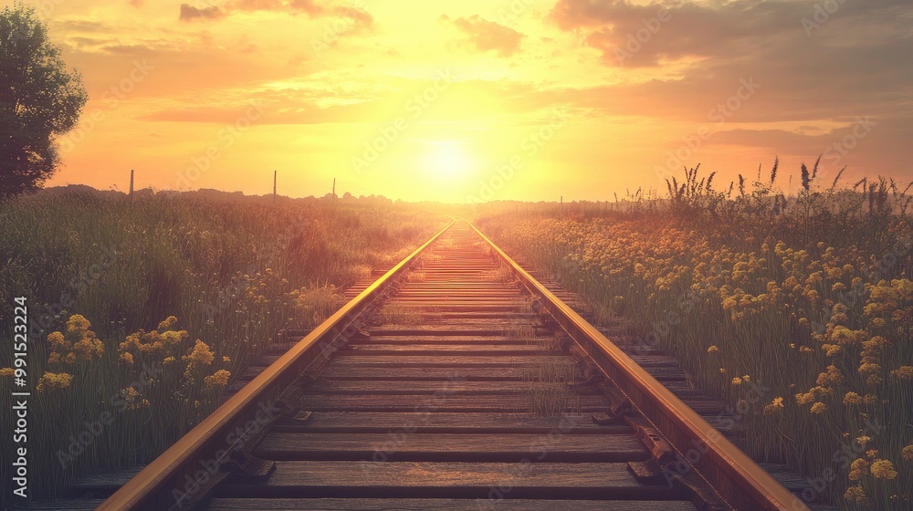 A quiet country scene with wooden train tracks leading into the sunset, capturing the tranquility and charm of rural railways. A quiet country scene with wooden train tracks leading into the sunset, capturing the tranquility and charm of rural railways.